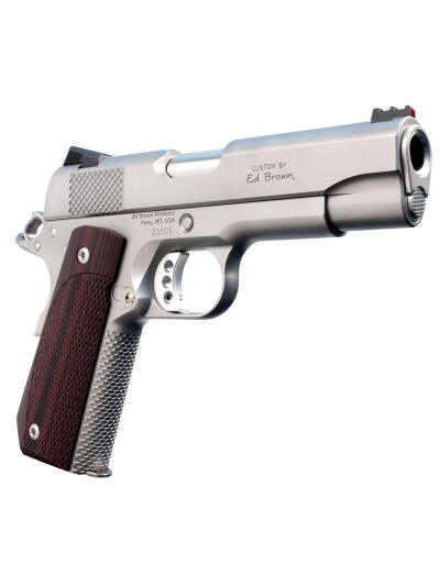 Ed Brown KC18SS 1911 Kobra Carry Serrated Frame 45 ACP 7+1 4.25" Stainless Recessed Crown Barrel, Matte Stainless Serrated Steel Slide & Frame, Laminate Wood Grip, Right Hand
