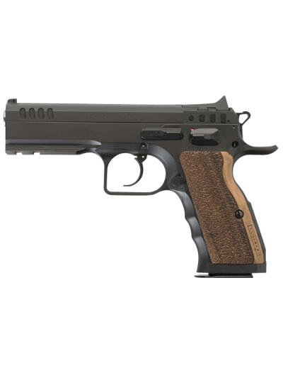 Tanfoglio IFG TFSTOCKI9SF Defiant Stock I 9mm Luger Caliber with 4.50" Barrel, 16+1 Capacity, Overall Black Finish Steel, Picatinny Rail/Beavertail Short Frame, Serrated Slide & Wood Grip