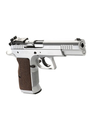 Tanfoglio IFG TF-LIMPRO-38 Defiant Limited Pro 38 Super Caliber with 4.80" Barrel, 17+1 Capacity, Overall Hard Chrome Finish Steel, Beavertail Frame, Serrated Slide & Brown Polymer Grip