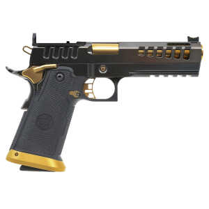 Watchtower Firearms DEMOLITIA9MM5ELITE Demolitia  Full Size Frame 9mm Luger 20+1 5" Gold Plated PVD Ported Barrel, Graphite PVD Optic Cut/Serrated Steel Slide, Graphite PVD Frame, Black Textured Grip - Image 1