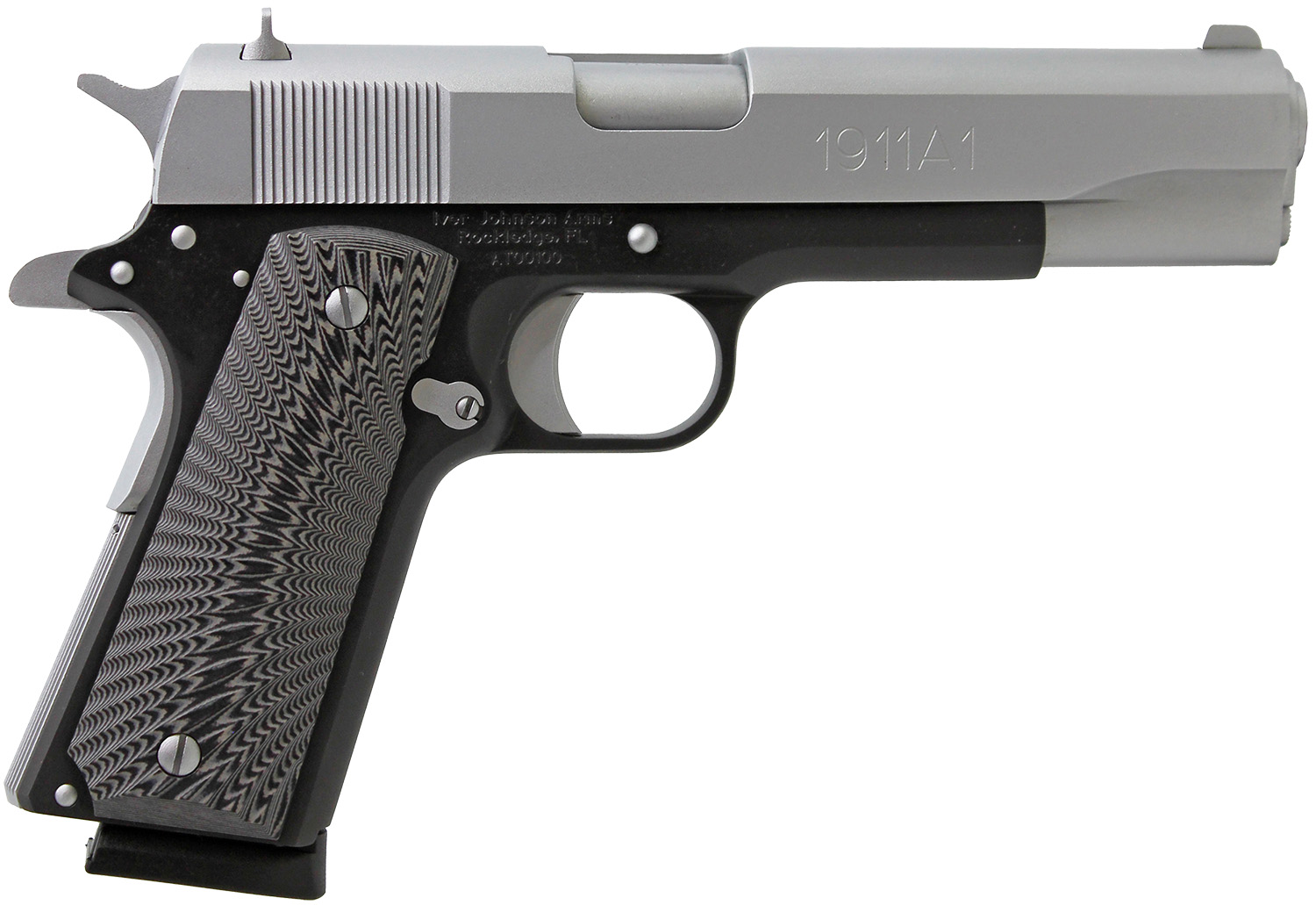 Iver Johnson Arms 1911A1TT 1911 A1  Full Size Frame 45 ACP 8+1 5" Stainless Steel Barrel, Silver Cerakote Serrated Stainless Steel Slide, Black Steel Frame w/Beavertail, Black/Gray G10 Grip