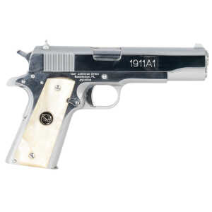 Iver Johnson Arms 1911A138CHRWP 1911 38 Super 8+1 5" Stainless Steel Barrel, Bright Polish Chrome Stainless Steel Serrated Slide, Pearl Grip