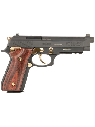 Taurus 1-920151GLD-HW1 92  Full Size Frame 9mm 17+1 5" Matte Black Stainless Steel Barrel, Matte Black Serrated Alloy Steel Slide, Matte Black w/Gold Accents Aluminum Frame w/Picatinny Rail, Wood Grip