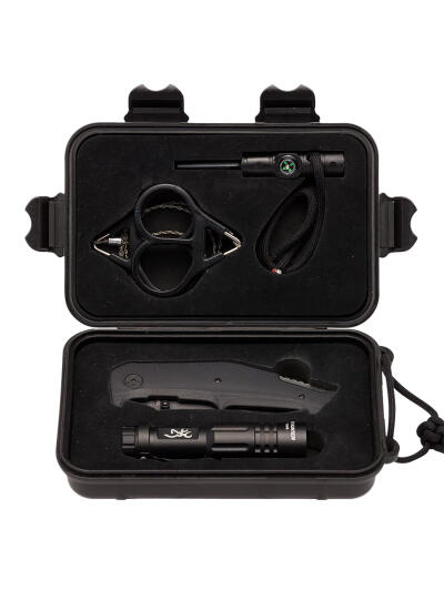 Browning 3220288 Outdoorsman Survival Kit 3.50" Folding Drop Point Plain Black Stonewashed 8Cr13MoV SS Blade/Black G10 Handle Includes Storage Case/Flashlight/Wire Saw/Fire Flint/Compass/Whistle