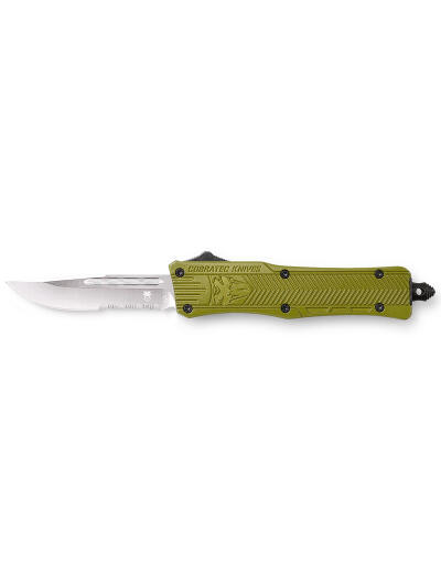 CobraTec Knives SODCTK1SDS CTK-1 Small 2.75" OTF Drop Point Part Serrated D2 Steel Blade/OD Green Aluminum Handle Features Glass Breaker Includes Pocket Clip