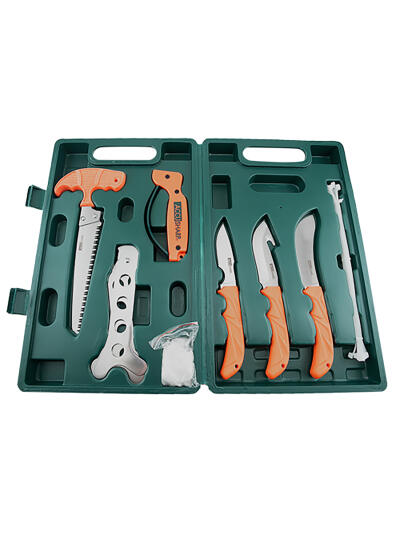 AccuSharp 728C Game Processing Kit Butcher/Caper/Gut-Hook/Bone Saw/Ribcage Spreader Gut Hook/Saw/Plain Stainless Steel Blade Orange FRN Handle