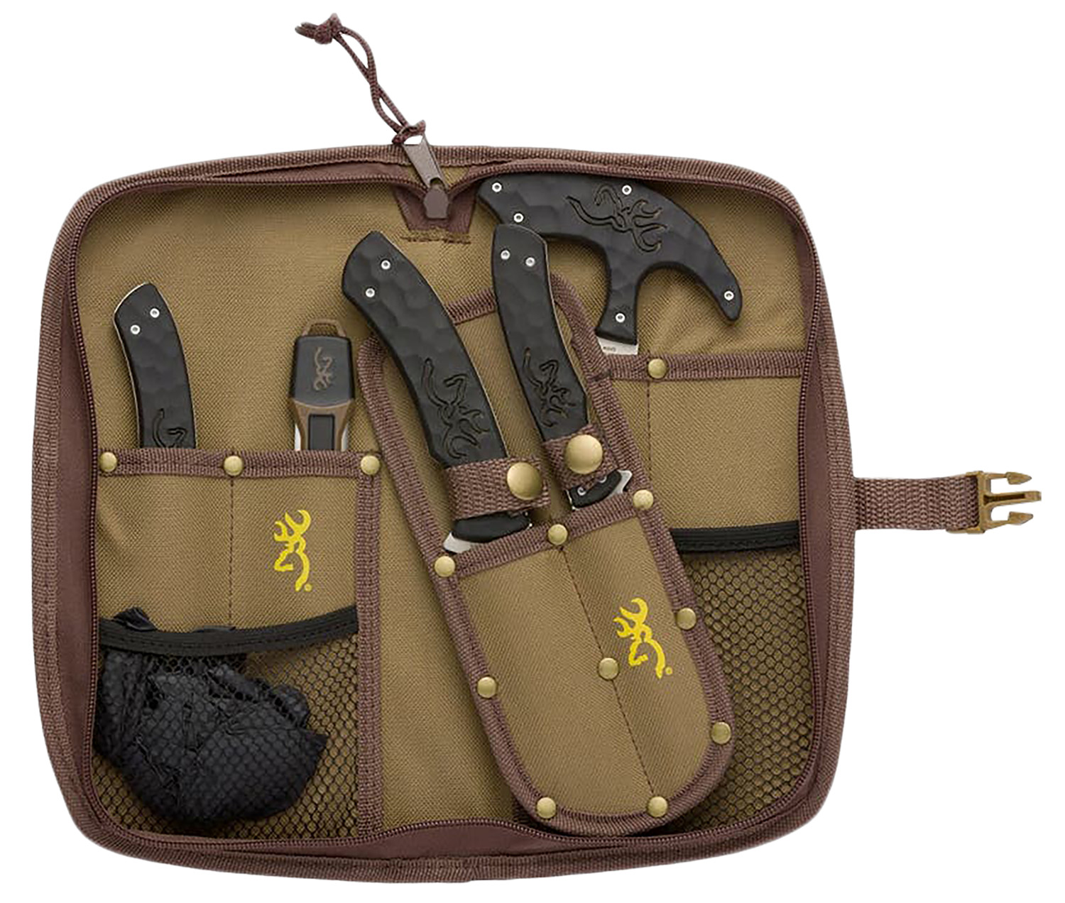 Browning 3220422B Primal Combo Fixed Bone Saw/Caper/Gut Tool/Sharpening Tool/Skinner 8Cr13MoV SS Blade, Black Polymer w/Rubber Overmold Handle, 6 Piece Set, Includes Case/Gloves