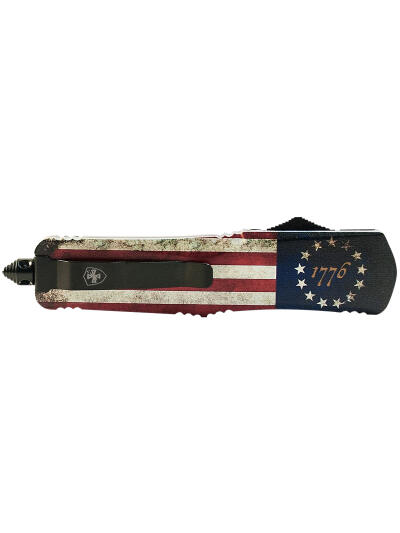Templar Knife MBRF331 Gen II Betsy Ross Flag Slim 3.43" OTF Drop Point Plain Black Oxide Stonewashed Black 440C SS Blade, 5.05" Betsy Ross Flag Aluminum Handle Glass Breaker