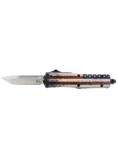 Templar Knife SWUS232 Gen II Wood US Flag Small 2.69" OTF Tanto Plain Powder Coated 440C SS Blade, 4.31" Painted Wood Grain US Flag Aluminum Handle, Glass Breaker