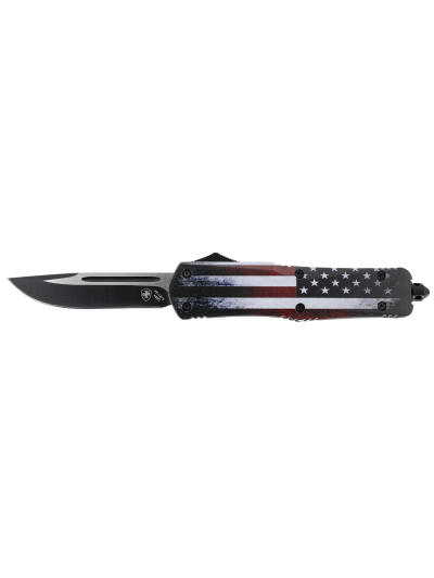 Templar Knife LUS331 Gen II US Flag Large 3.50" OTF Drop Point Plain Black Oxide Stonewashed 440C SS Blade, 5.25" US Flag Aluminum Handle, Glass Breaker