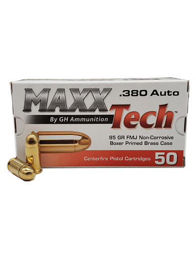 MaxxTech PTGB380B Brass Pistol  380ACP 95gr Full Metal Jacket 50 Per Box/20 Case