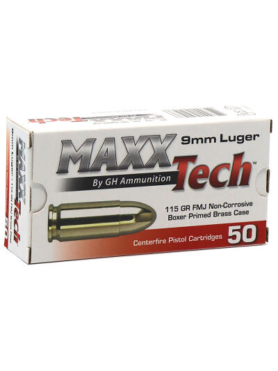 MaxxTech PTGB9MMB Brass Pistol  9mmLuger 115gr Full Metal Jacket 50 Per Box/10 Case