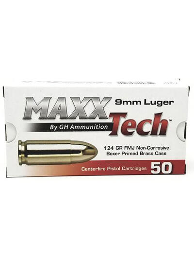 MaxxTech PTGB912B Brass Pistol  9mmLuger 124gr Full Metal Jacket 50 Per Box/10 Case