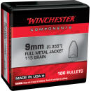 Winchester Ammo WB9MC115X Centerfire Handgun Reloading 9mm 115gr Full Metal Jacket Flat Base 100 Per Box/10 Case