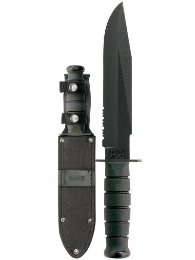 Ka-Bar 1271 Fighter  8" Fixed Clip Point Part Serrated Black 1095 Cro-Van Blade, Black Kraton G Handle, Includes Sheath