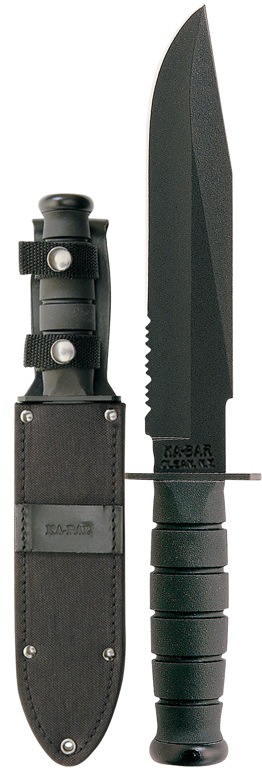Ka-Bar 1271 Fighter 8" Fixed Clip Point Part Serrated Black 1095 Cro-Van Blade, Black Kraton G Handle, Includes Sheath