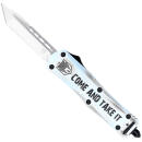 CobraTec Knives SCATIFS3TNS FS-3 Come And Take It Small 3" OTF Tanto Plain Satin D2 Steel Blade, 4.50" White "Come And Take It" Aluminum Cerakoted Handle