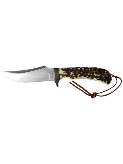 Uncle Henry old 1100035 Next Gen Staglon  4.25" Skinner Plain Satin Stainless Steel Blade 4.25" Staglon Handle Features Brass Finger Guard Includes Sheath