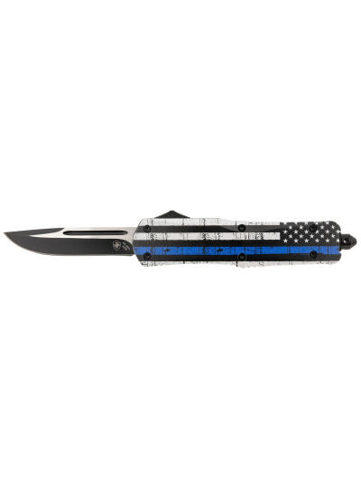 Templar Knife LBTB331 Gen II Back The Blue Large 3.50" OTF Drop Point Plain Black Oxide Stonewashed 440C SS Blade, 5.25" Black & White w/Blue Line Aluminum Handle, Glass Breaker