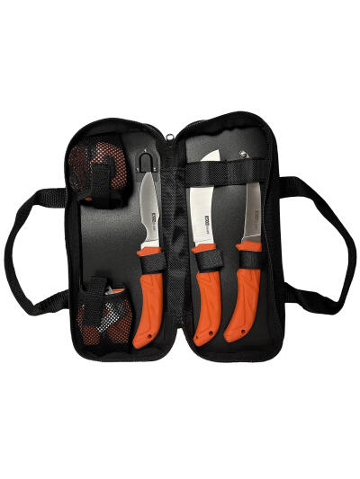 AccuSharp 738C Processing Kit  Fixed Butcher/Caping/Gutting Plain Stainless Steel Blades/Blaze Orange Non-Slip Grip 6 Piece Includes Nylon Case