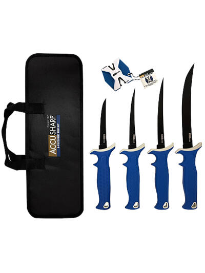 AccuSharp 737C Knife Kit  4.75/5.50/6.50/8" Fixed Fillet Plain Satin Stainless Steel Blade/ Blue Non-Slip Grip TPR Handle Includes 2-Step Sharpener