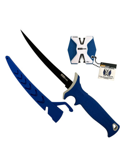 AccuSharp 736C Fillet w/Sharpener  6.50" Fixed Fillet Plain Satin Titanium Coated Stainless Steel Blade/Royal Blue Ergonomic Anti-Slip Rubber Handle Includes 2-Step Sharpener