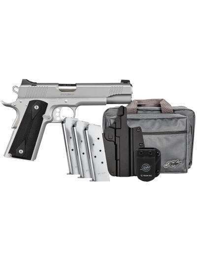 Kimber Mfg, Inc 3700826 Stainless LW Club Bundle Full Size Frame 45 ACP 7+1 5" Stainless Match Grade Barrel, Serrated Stainless Steel Slide, Stainless Aluminum Frame w/Beavertail, Black Textured Grip