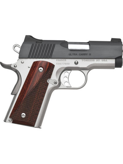 Kimber Mfg, Inc 3200321 Ultra Carry II  45 ACP 7+1 3" Stainless Match Grade Barrel, Matte Black Brushed Serrated Steel Slide, Satin Silver Aluminum Frame w/Beavertail, Rosewood Grip