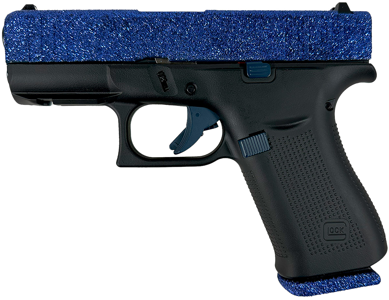 Glock PAX435204NNVY G43X Sub-Compact Frame 9mm Luger 10+1 3.41" Black GMB Barrel, Navy Blue Glitter Serrated Steel Slide, Black Cerakote Polymer Frame w/Beavertail, Black Textured Grip, Ambidextrous