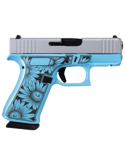 Glock UX4350204FRDAISYBLUESlim Sub-Compact Frame 9mm Luger 10+1 3.41" Black GMB Barrel, Serrated Steel Slide, Blue Cerakote Polymer Frame w/Black Daisy Laser Engraving Grip, Front Rail