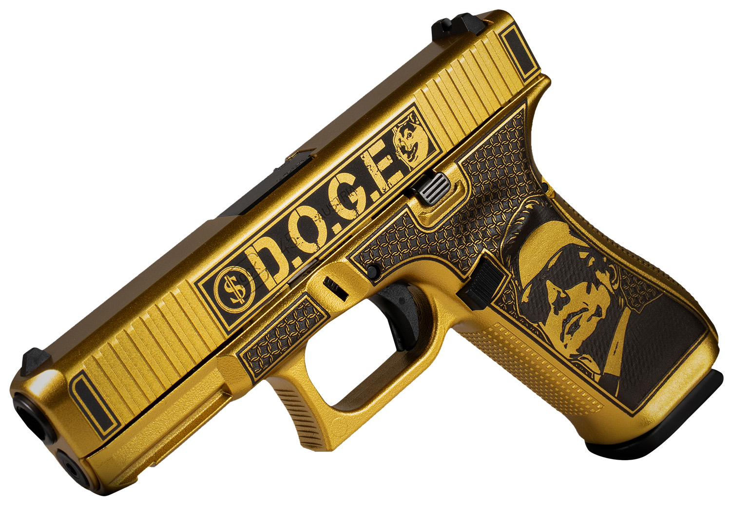 Glock PA455S204NDGE G45 Gen5 9mm Luger 17+1 4.02" Black GMB Barrel, Glamour Glock Gold Cerakote Serrated Steel Slide w/D.O.G.E., Glamour Glock Gold Cerakote Polymer Frame w/Trump & Elon
