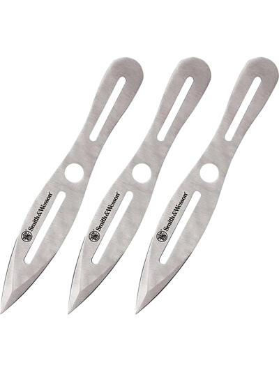 Smith & Wesson Knives SWTK10CP Bullseye Throwing Knives 5" Fixed Dual Edge Spear Point Plain 2Cr13MoV SS Blade, Stainless Steel Handle, Includes Sheath Set of 3, 10" OAL