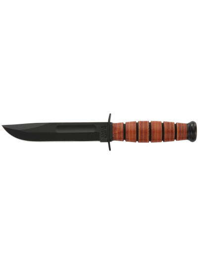 Ka-Bar 1250 Short USMC 5.25" Fixed Clip Point Plain Black 1095 Cro-Van Blade, Brown Leather Handle, Includes Sheath