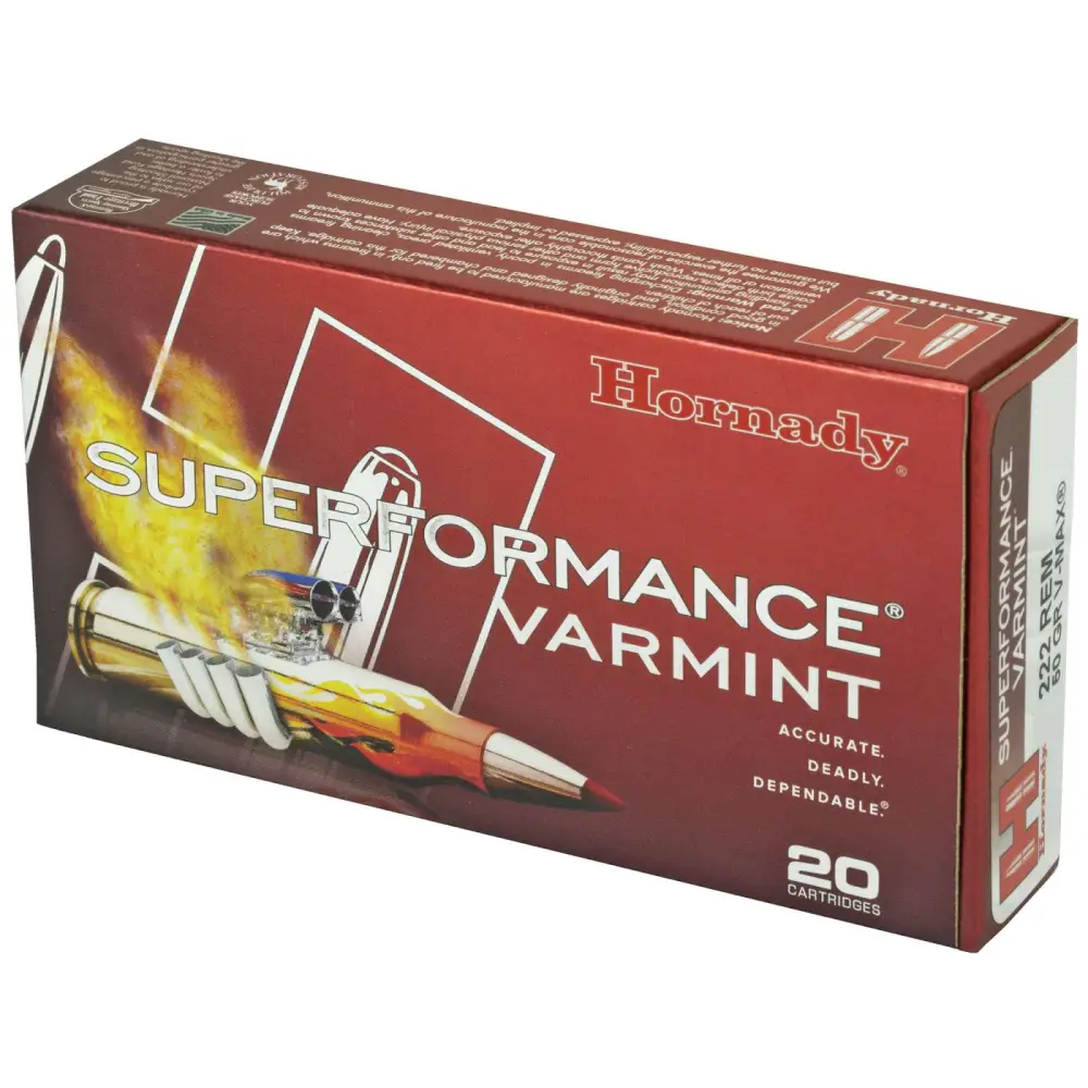 HORNADY SUPERFORMANCE VARMINT AMO 222 REM 50GR V-MAX SPF 20RD (10 BOX CASE) - Image 2