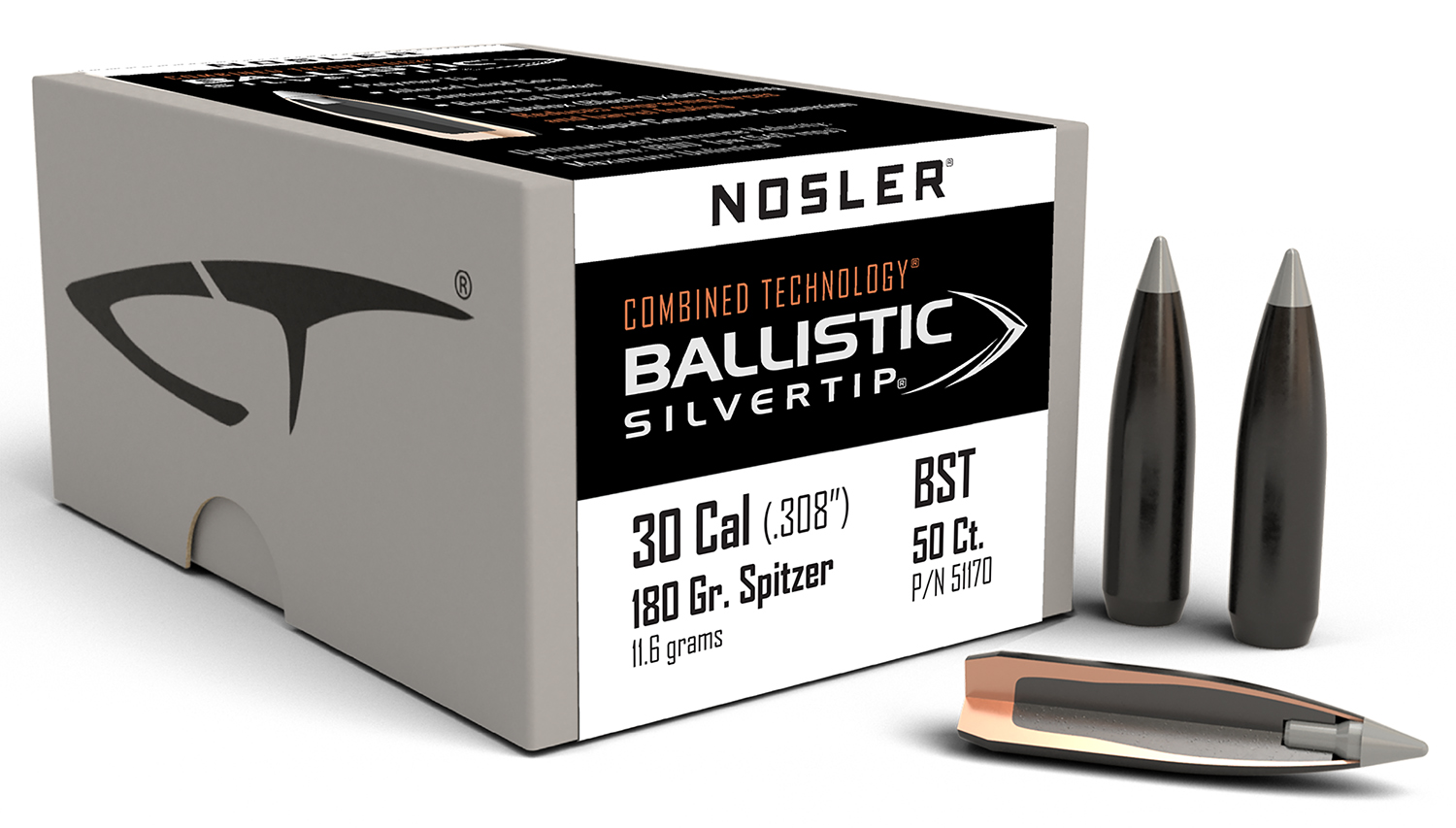 Nosler 51170 Ballistic Silvertip 30Cal 180gr Spitzer Point 50/Box