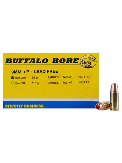 Buffalo Bore Ammunition 24G20 Buffalo-Barnes Strictly Business 9mmLuger +P+ 95gr Barnes TAC-XP Lead Free 20 Per Box/12 Case