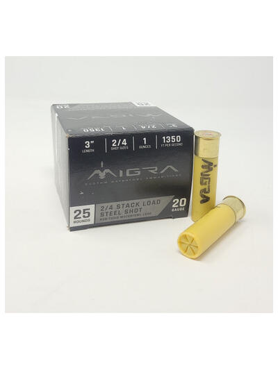 Migra 20 Gauge Ammunition M20S24 3" Length #2/4 Shot 1oz 1350fps 25 Rounds