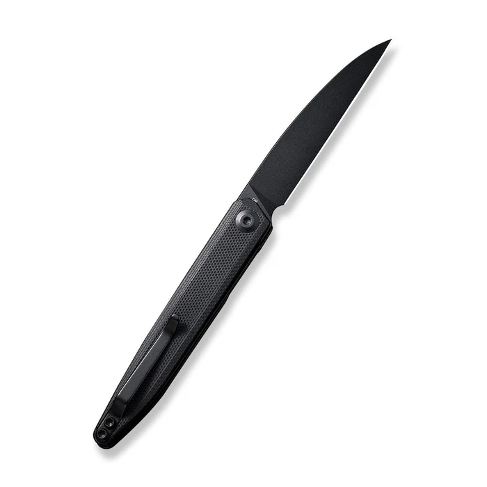 Jubil Front Flipper Knife 2.95"" Black D2 Wharncliffe Plain Edge Blade, Black G10 Handle