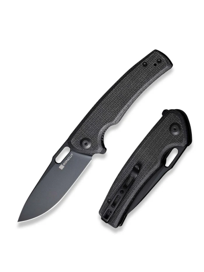 Vesperon Flipper/Thumb Hole Folding Knife 3.35"" Black 9Cr18MoV Drop Point Plain Edge Blade, Black Canvas Micarta Handle