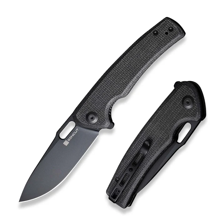 Vesperon Flipper/Thumb Hole Folding Knife 3.35"" Black 9Cr18MoV Drop Point Plain Edge Blade, Black Canvas Micarta Handle