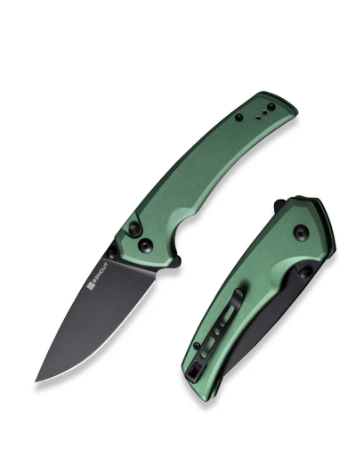 Serene Flipper/Thumb Stud Folding Knife 3.48"" Black D2 Drop Point Plain Edge Blade, Green Aluminum Handle