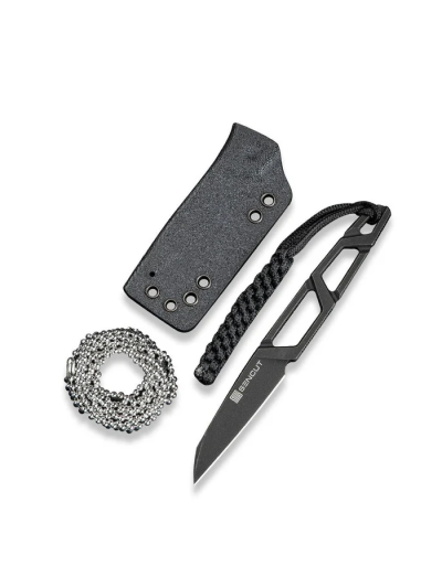 TEXO Fixed Blade Neck Knife 1.97"" Black 9Cr18MoV Reverse Tanto Plain Edge Blade, Skeletonized Handle & Kydex Sheath