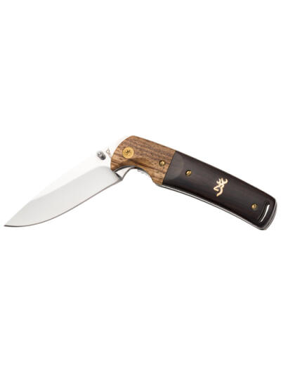 BUCKMARK HUNTER FOLDER - WOOD / BLACK, DROP POINT, PLAIN EDGE, 3" BLADE