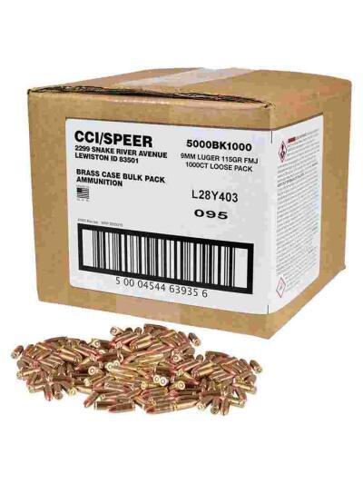 CCI Blazer Brass Handgun Ammunition 9mm Luger 115 gr FMJ 1145 fps 1000/ct Loose Bulk Pack