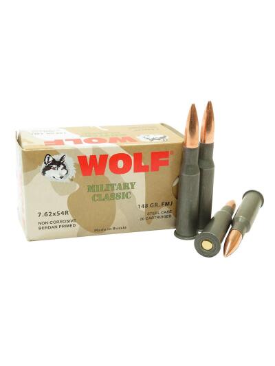 Wolf Military Classic Rifle Ammunition 7.62x54R 148gr FMJ  2740 fps 20/ct