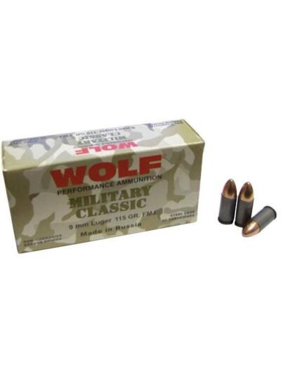 Wolf Miltary Classic Handgun Ammunition 9mm Luger 115 gr FMJ 1150 fps 50/ct
