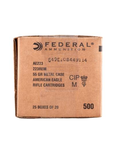 Federal Ammo American Eagle Rifle Ammunition .223 Rem 55 gr FMJ 3240 fps 500/rd Case
