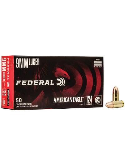 Federal American Eagle Handgun Ammunition 9mm Luger 124 gr FMJ 1150 fps 1000/ct