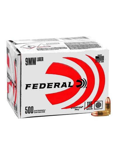 Federal Champion Training Handgun Ammunition 9mm Luger 115 gr FMJ 1125fps 500/ct (Bulk)