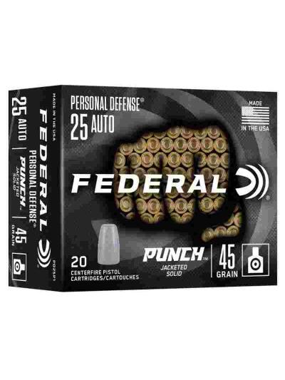 Federal Personal Defense Punch Handgun Ammunition .25 Auto 45gr Solid 825 fps 20/ct
